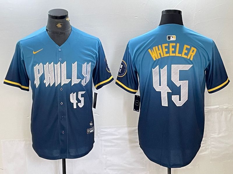 Men Philadelphia Phillies 45 Wheeler Blue City Edition Nike 2024 MLB Jersey style 4